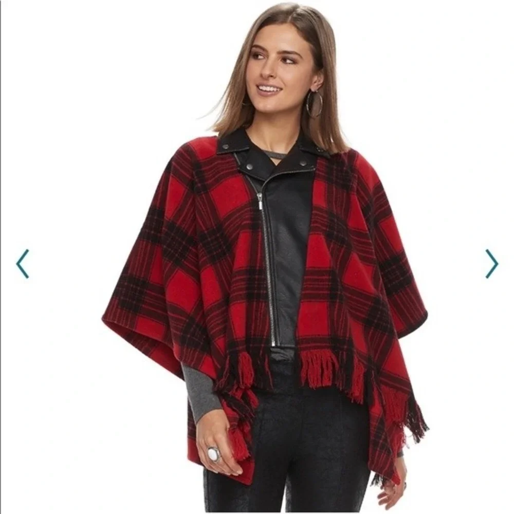 Rock & Republic Red Black Plaid Moto Poncho Faux Leather Trim Fringed‎ Size M/L